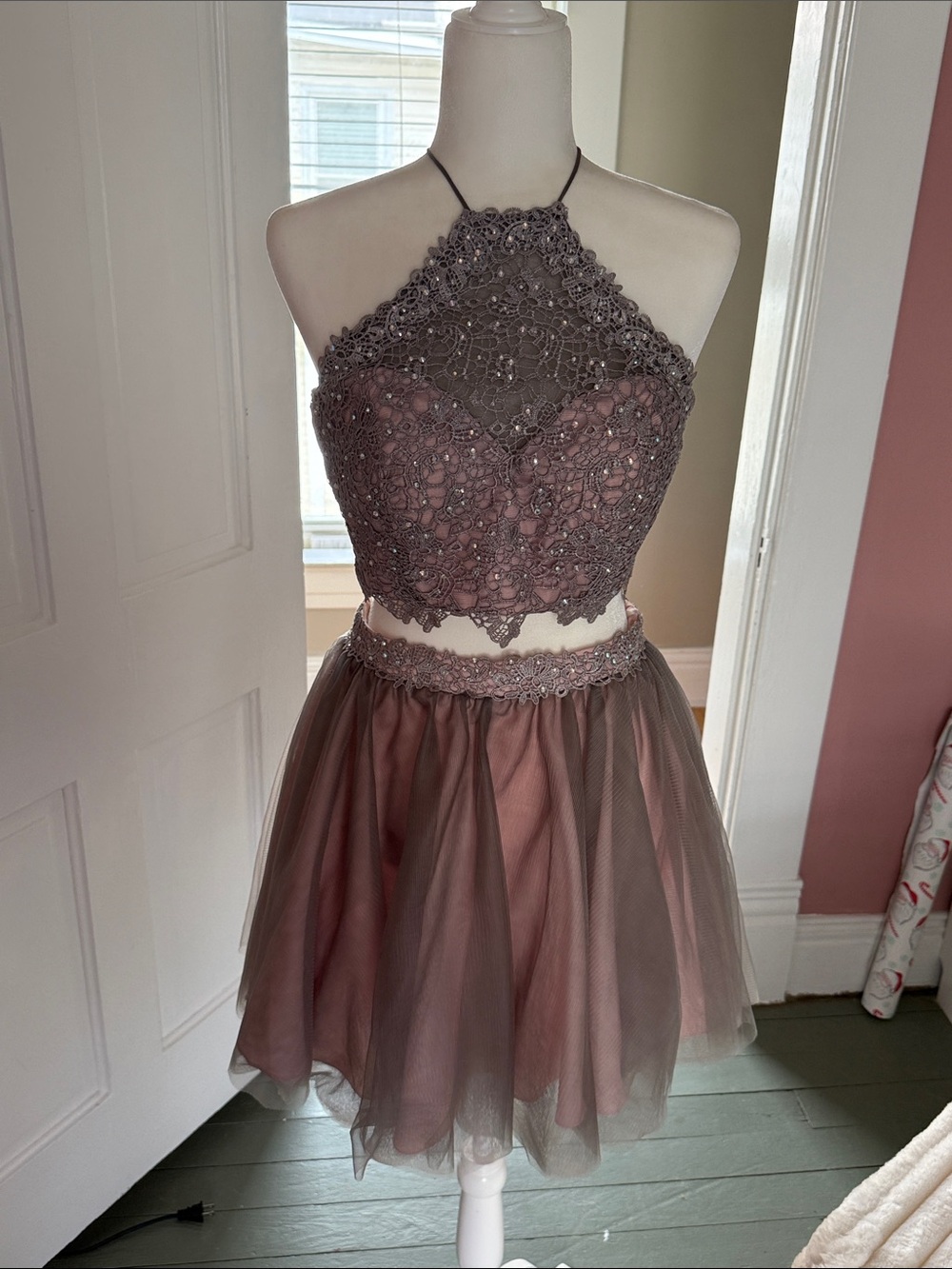 Alyce Paris Dusty Mauve Lace Appliqué Two-Piece Halter Prom Dress
